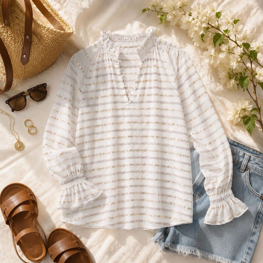 A Loves A Metallic Stripe Cotton Ruffle Collar Blouse M